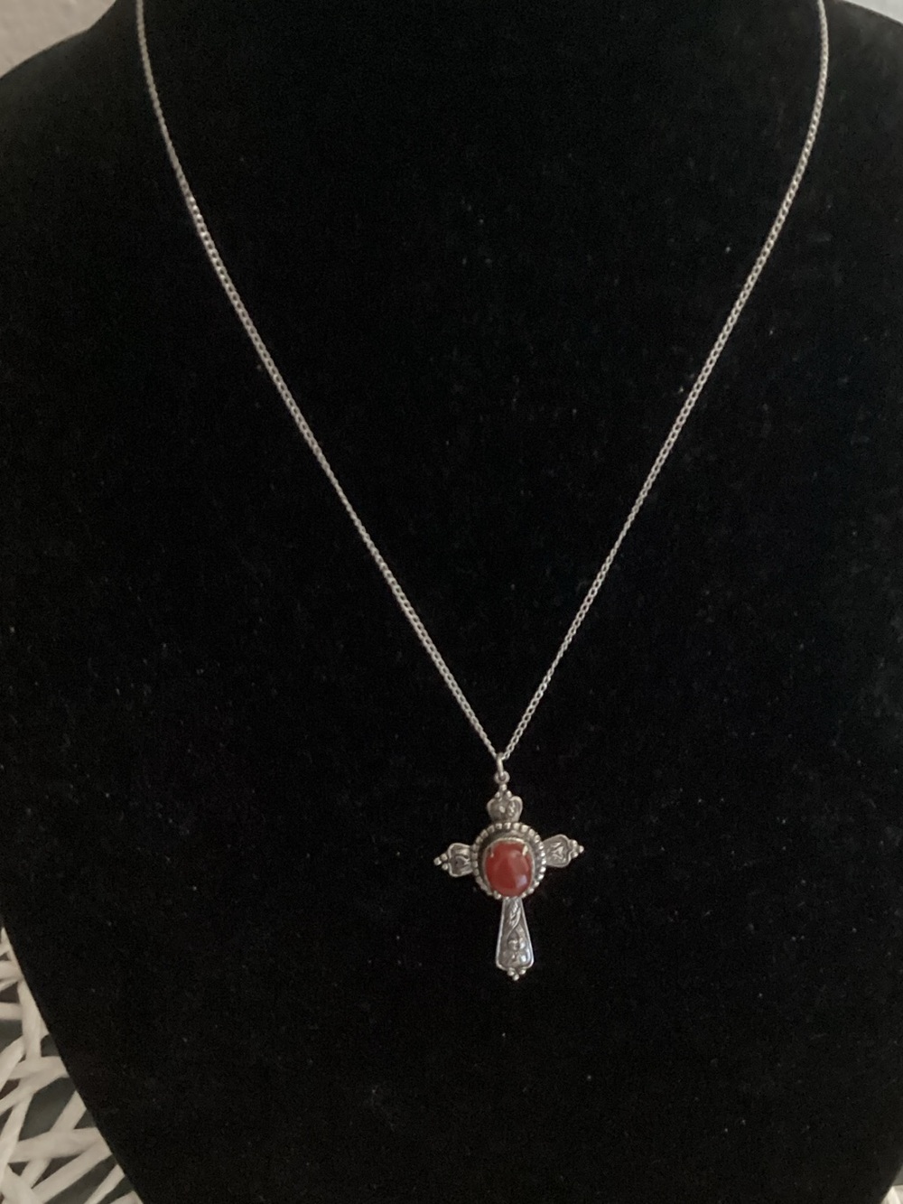 Sterling Cross Pendant Necklace with Red Stone